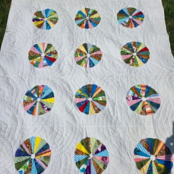 Vintage Dresden Plate Quilt Patchwork 1940-50 Feedsack Fabric Full, Cottagecore - Picture 4 of 7
